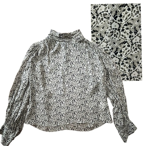ZARA Paisley BLOUSE L Balloon Sleeve Black White Crop TOP Work Office Dressy - Picture 1 of 16